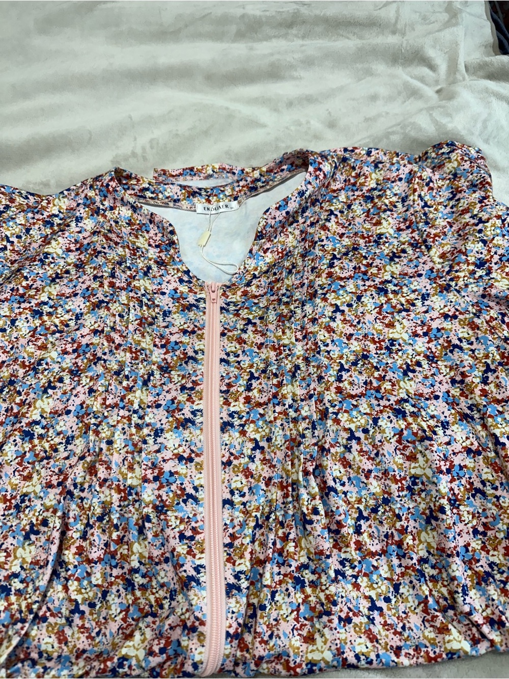 Floral Print Zip-Front Bomber House Dress  in Pink Mix